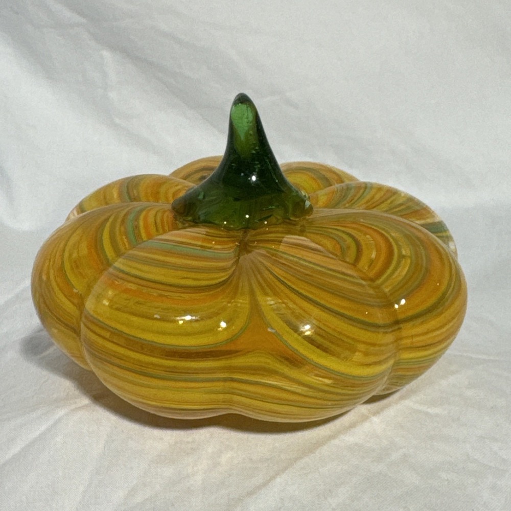 Art Glass Hand Blown Orange Pumpkin With Green Stem Good Condition